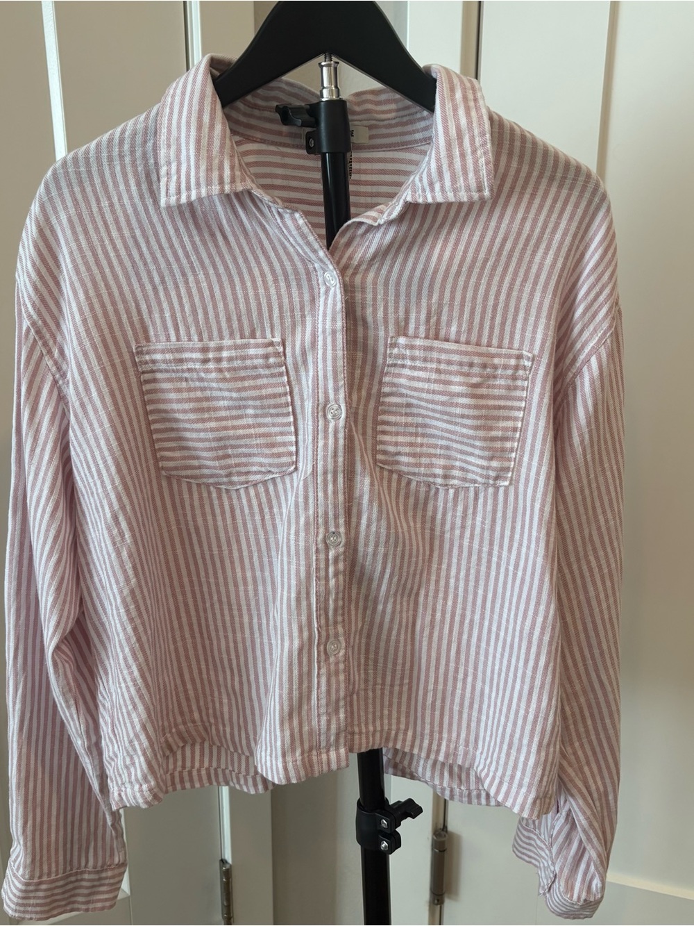 Rachel Paige Women’s Small Pink White Striped Button Front Shirt Roll Tab Linen